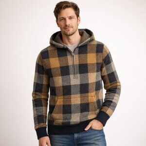 J.Crew 100% Merino Wool Buffalo Check Hoodie Half Zip Sweater Men M Brown Plaid